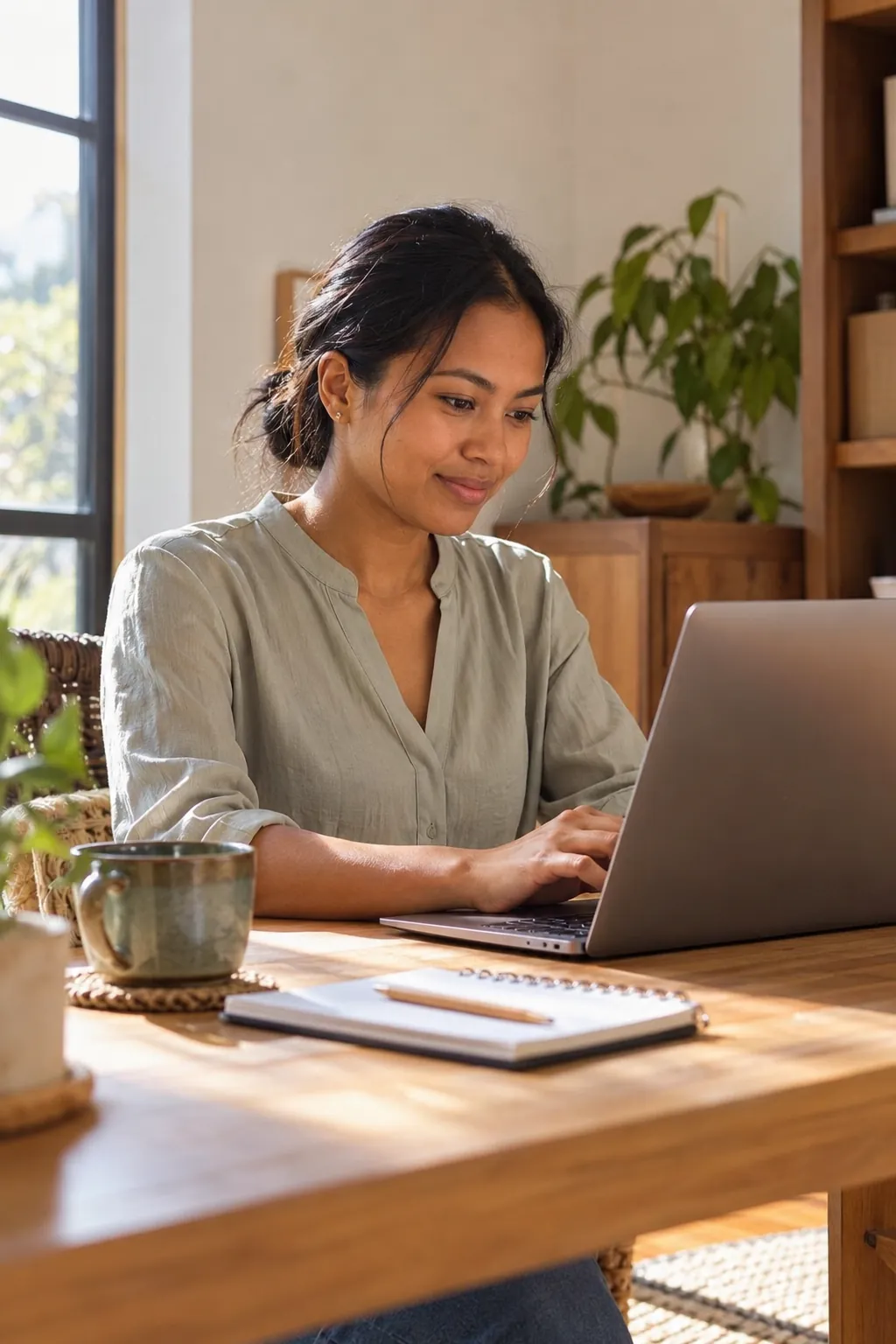 Collaboratrice travaillant sur un ordinateur portable dans un bureau lumineux