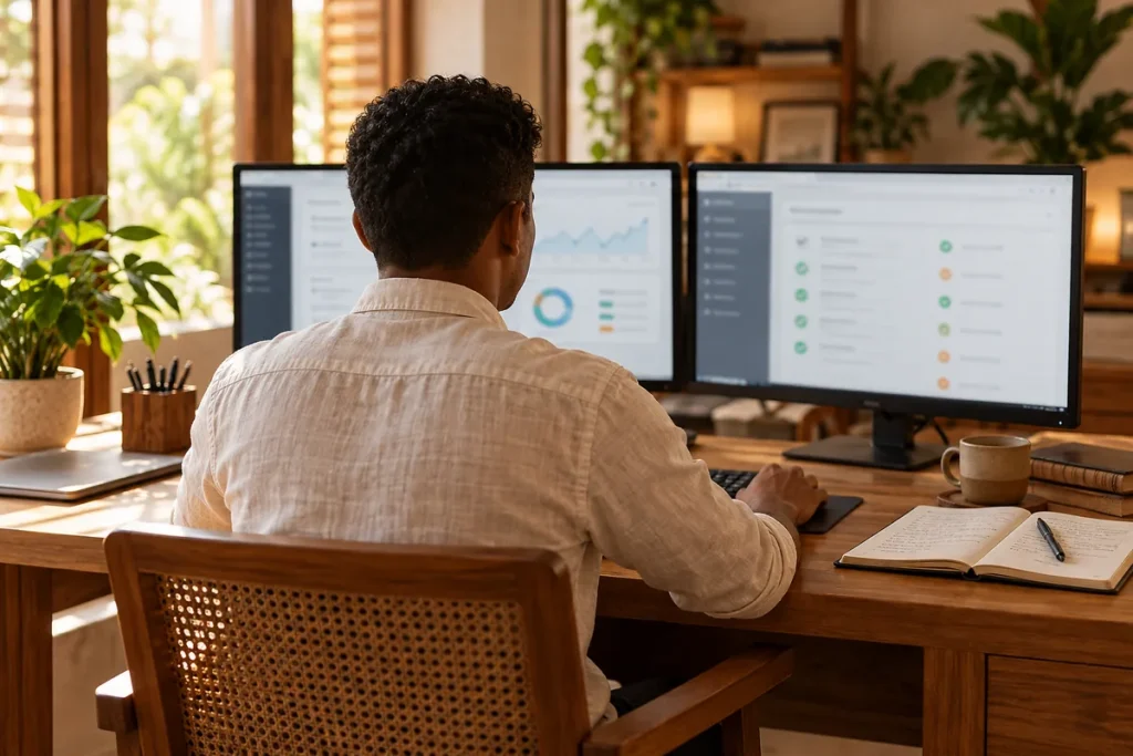 Technicien de dos devant deux écrans : tableau de bord d’administration et liste de vérification