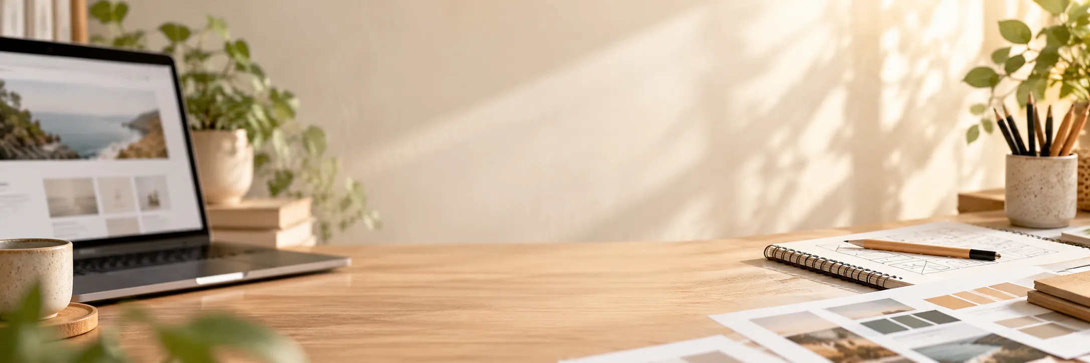 Bureau en bois baigné de lumière : ordinateur portable affichant un site, carnet de maquettes et nuancier