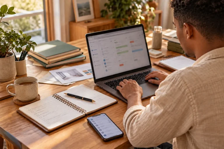 Collaborateur au travail sur son ordinateur portable, agenda, liste de tâches cochée et téléphone sur le bureau