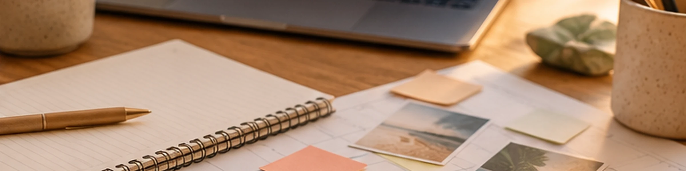 Carnet et supports visuels pour préparer un brief de publications sur un bureau avec ordinateur