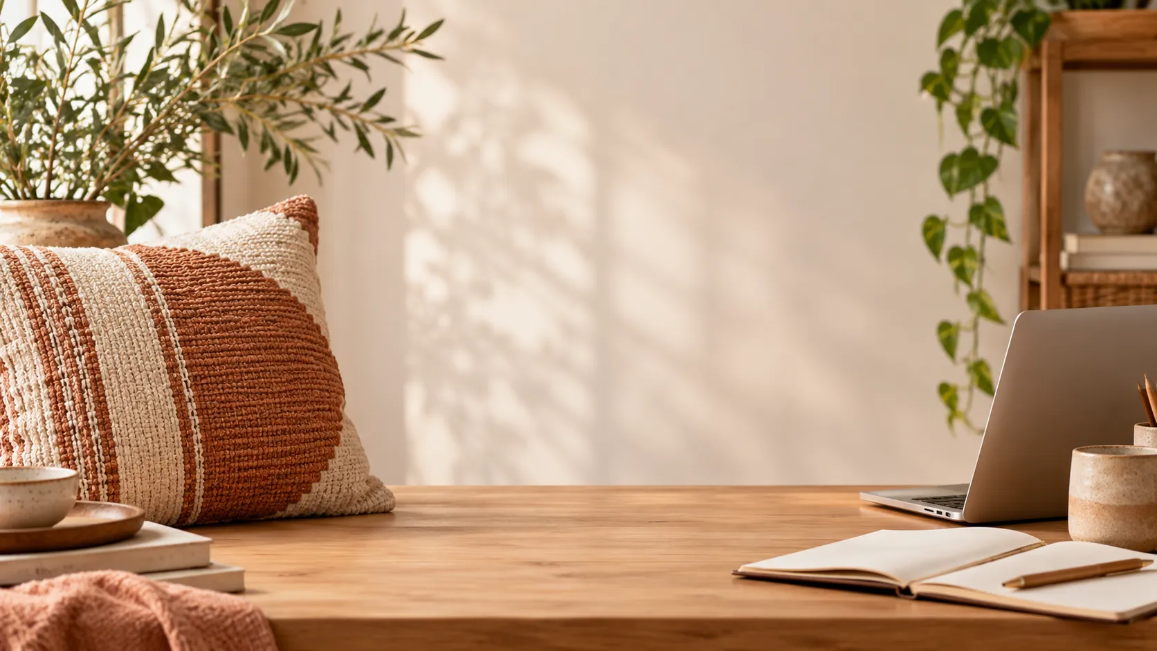Table de travail en bois : housse de coussin écru et terracotta, carnet ouvert et ordinateur portable dans une lumière chaude