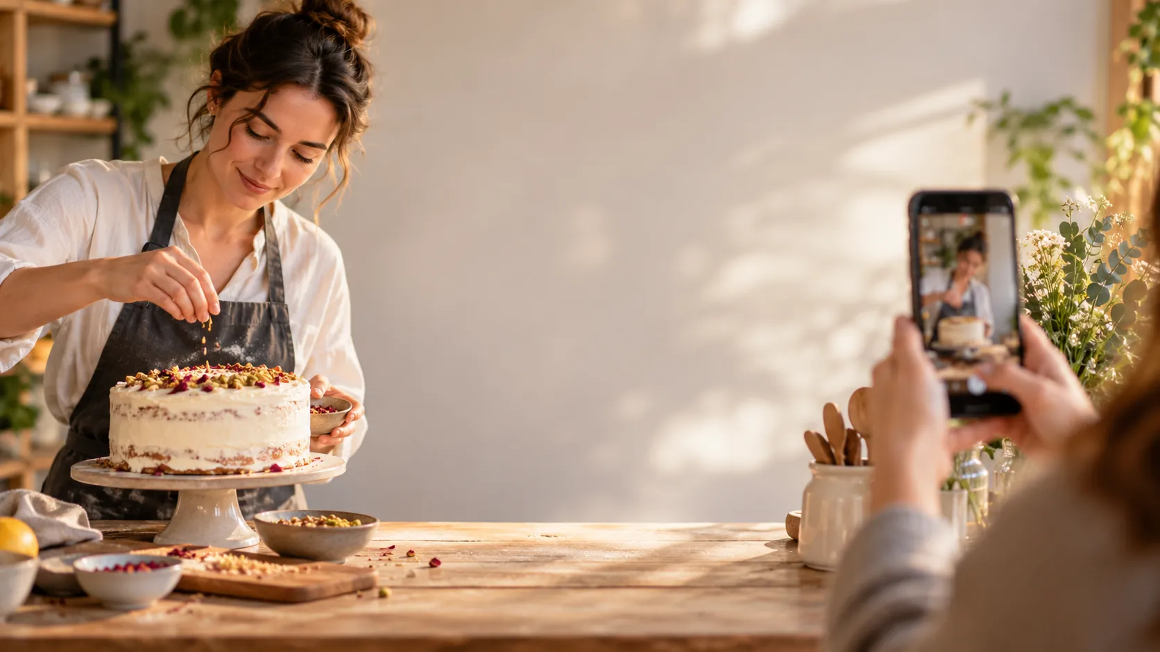 Pâtissière qui décore un gâteau, filmée au smartphone tenu à la verticale au premier plan