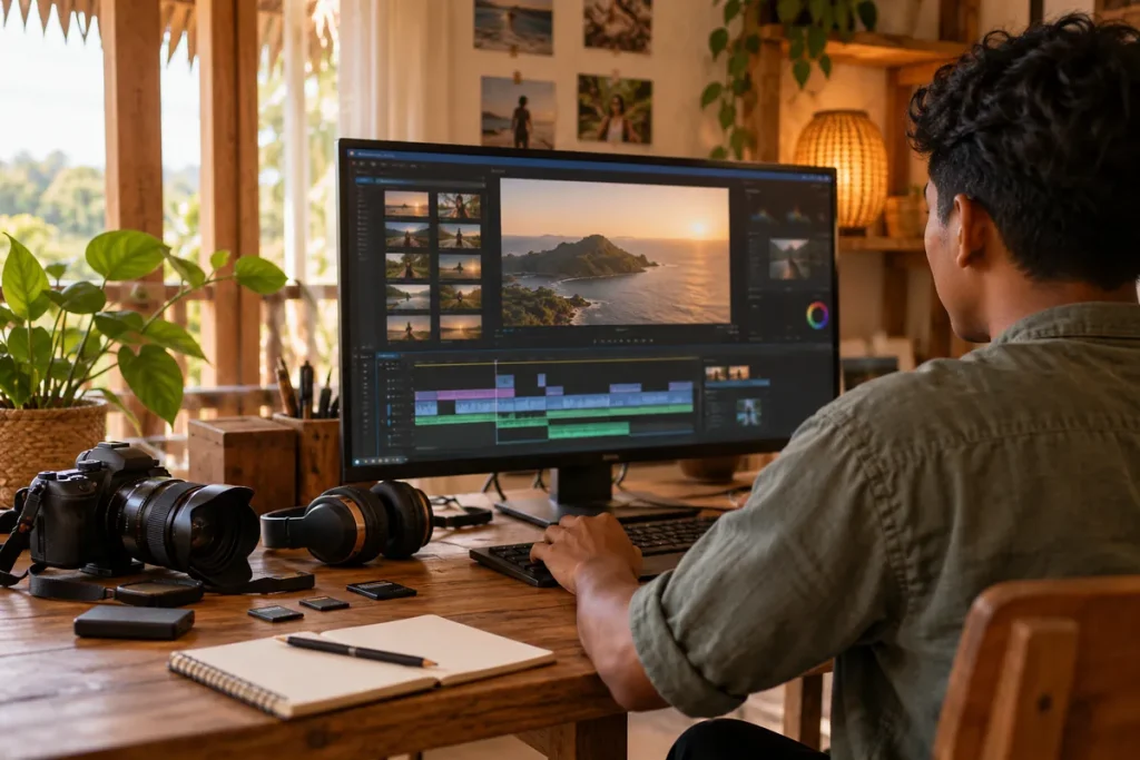 Monteur vidéo devant son écran de montage, appareil photo et casque posés sur le bureau