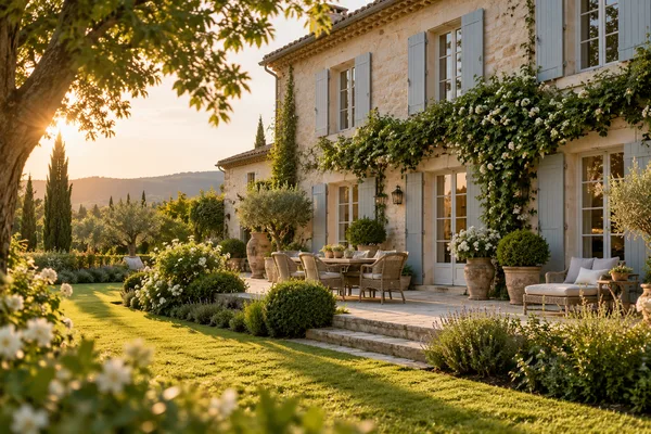 Façade d’une maison d’hôtes de charme, terrasse et jardin, en fin d’après-midi