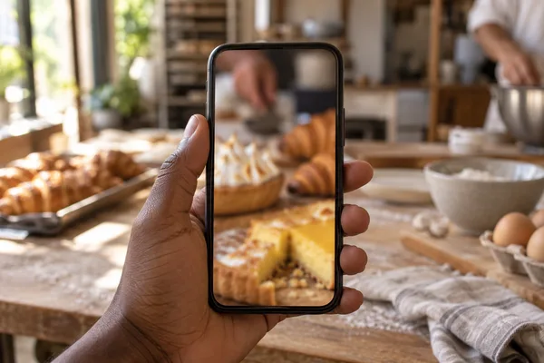 Main tenant un smartphone qui filme les pâtisseries d’un atelier
