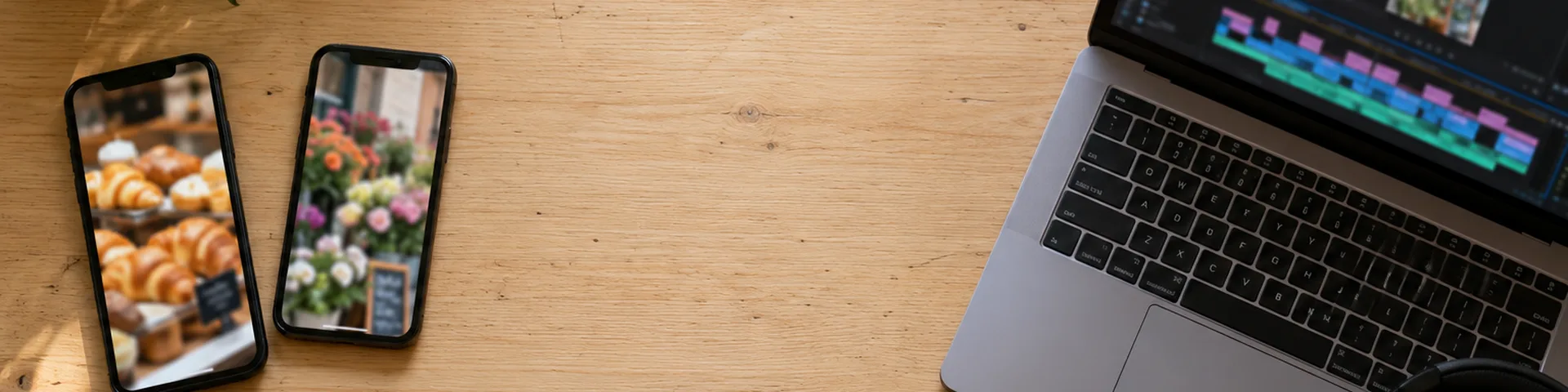 Table en bois vue de haut : deux smartphones affichant des images de commerces, ordinateur portable avec un logiciel de montage