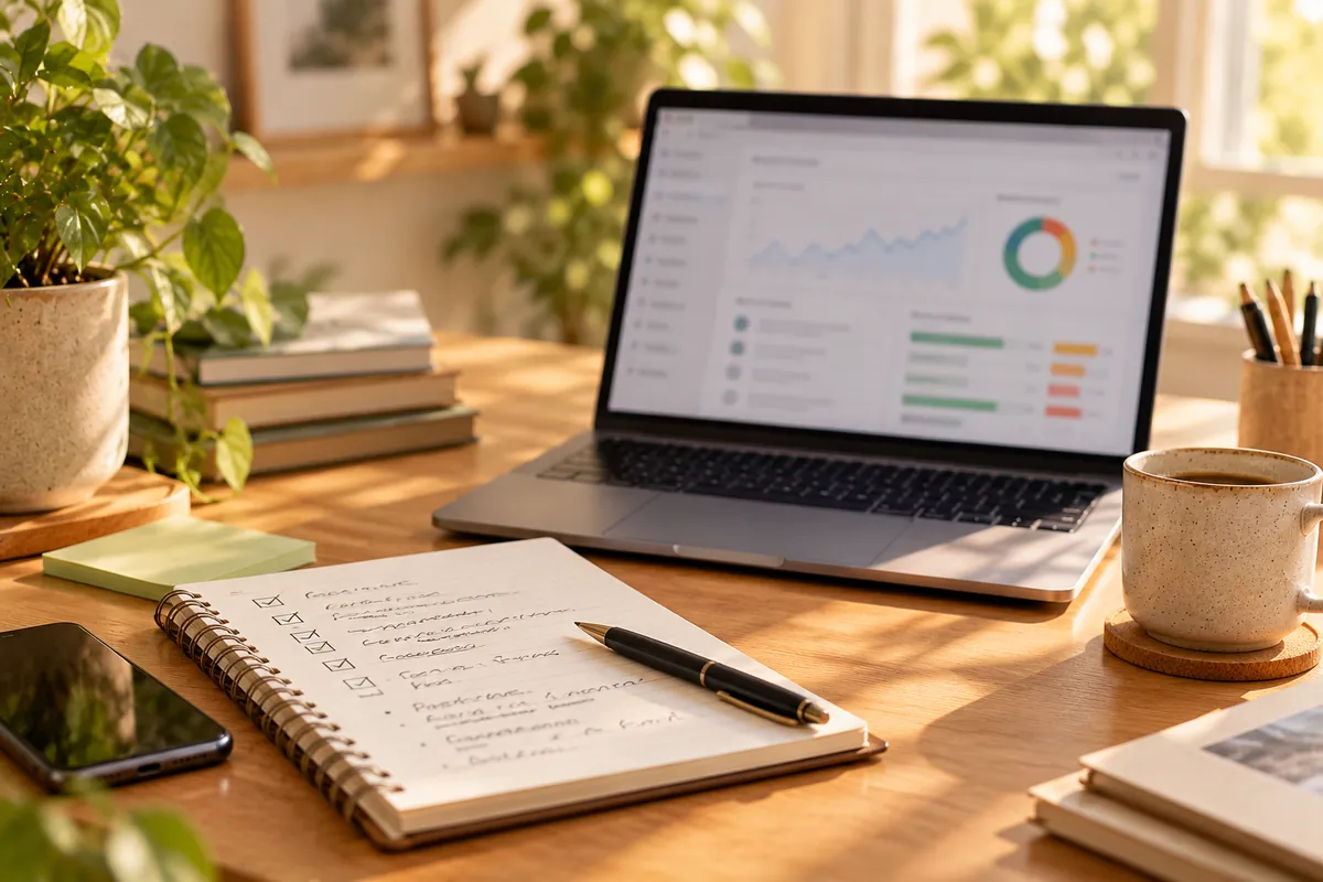 Ordinateur affichant un tableau d’analyse d’un site, liste de corrections cochées dans un carnet