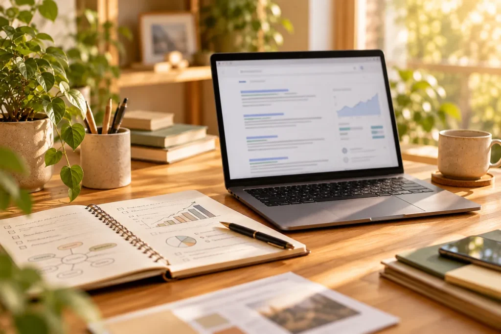 Ordinateur affichant des résultats de recherche, carnet de notes et schémas sur le bureau