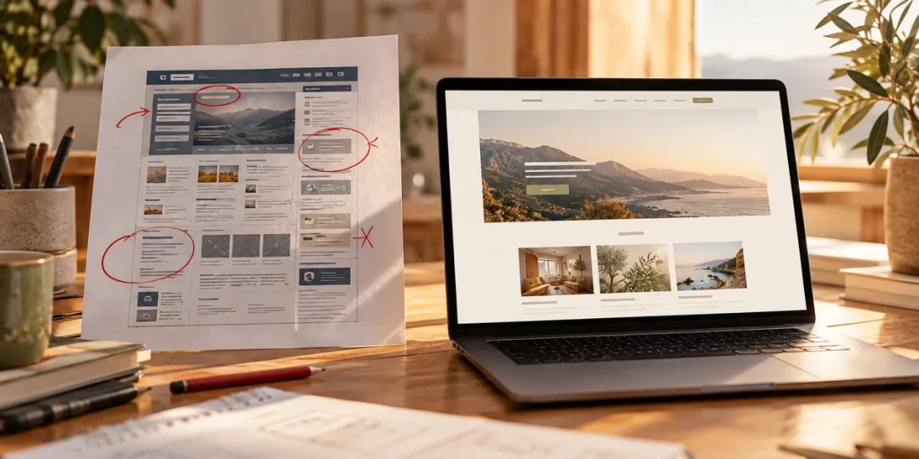 Ancienne page de site annotée en rouge, à côté d’un ordinateur affichant la nouvelle version