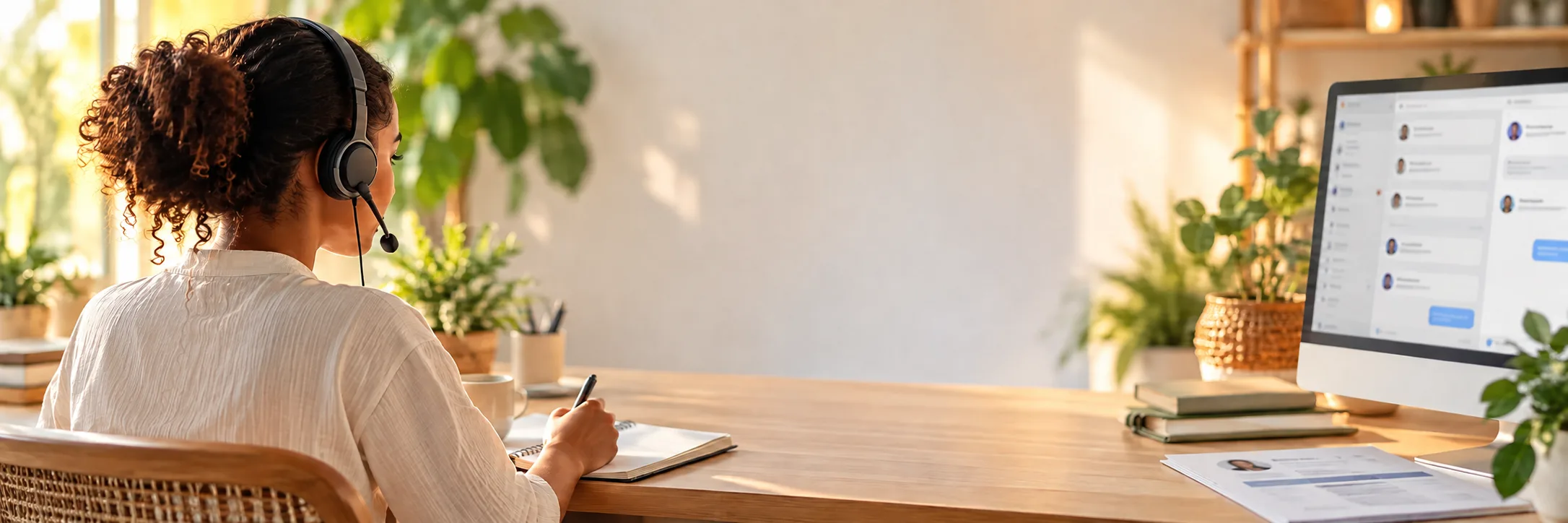 Conseillère avec un casque qui prend des notes à son bureau, messagerie ouverte sur l’écran