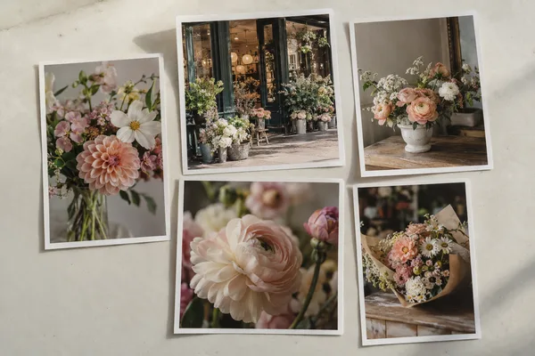 Tirages photo de bouquets et d’une vitrine de fleuriste disposés comme un carrousel