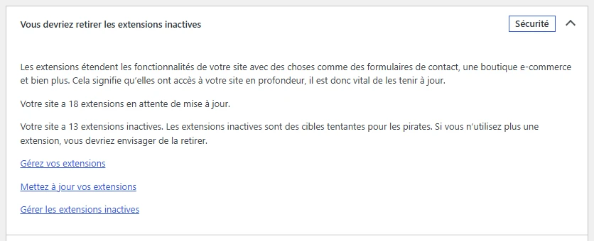 Écran Santé du site de WordPress : recommandation de retirer les extensions inactives